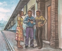 Painting of three people standing around an open Bible