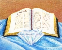 Colored drawing of Bible open to Ephesians with a large diamond beneath it