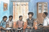 Painting of a family listening while father teaches the Bible