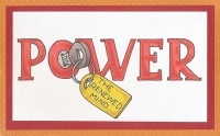 Colored drawing of the word 'POWER' with a key in the 'O'. The key has a tag that reads 'THE RENEWED MIND.'