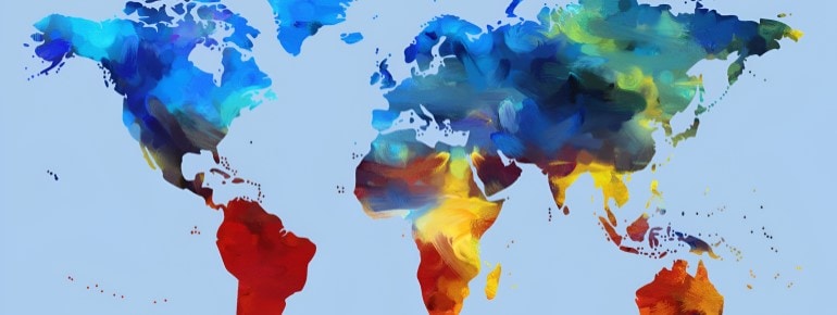 Colorful, artistic rendition of a world map