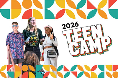 A group of teens next to text: 2026 Teen Camp