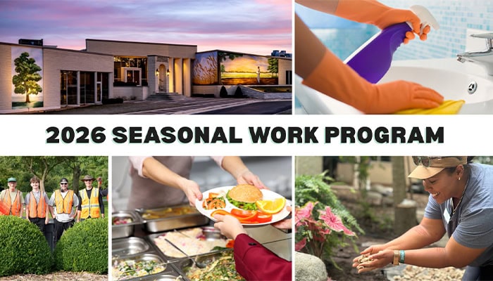 2026 Seasonal Work Program. Collage of people performing various work tasks with an image of the OSC at dawn